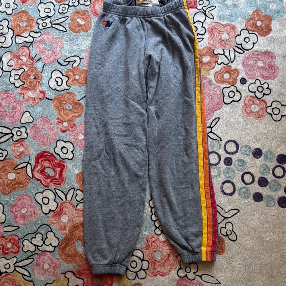 Aviator Nation Gray and Red Sweatpants with Sporty Stripes with small blue stain
